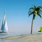 Strand mit Segelboot und Palmen