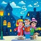 Trickfilm-Figur Kinder im Schnee zusammen stehen