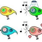 Vier Cartoon Vögel in verschiedenen Farben